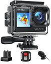 WOLFANG GA200 アクションカメラ 【マイク付き】4K 24MP 防水40M デュアルスクリーンカメラ EIS手振れ補正 WIFI調整可能な広角 VLOGカメラ (充電器 2つのバッテリー リモコンとアクセサリーキット)