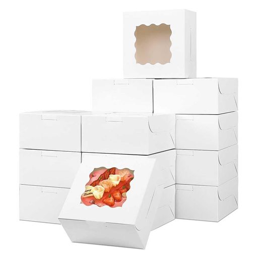 ケーキボックス透明窓付き50個セット10.2*10.2*6.7cm折り畳みケーキ箱4号用白ラッピングボックス正方形カップケーキボックスギフトボックスお菓子ドーナツマカロンケーキビスケットチョコ…