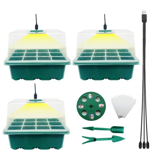 育苗ポット植物育成ライト付き育苗トレイ育苗箱12穴3個セット高くする透明カバー種子トレイ発芽 育苗セ..