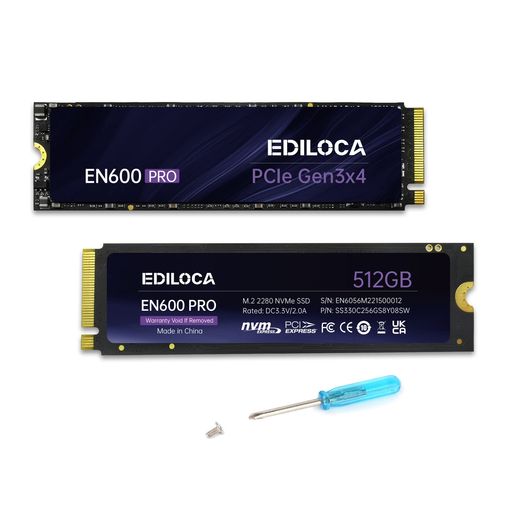 Ediloca EN600 PRO SSD 512GB PCle 3.0x4 NVMe M.2 2280 最大読込: 3200MB/s 最大書込:2800MB/s 内蔵SSD SLC キャッシュ 3D NAND TLC グラフェン冷却ステッカー