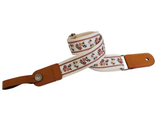 MUSICFIRSTのオリジナルデザイン、ビンテージフローラル刺繍と本物のレザーウクレレストラップです。ウクレレショルダーストラップで、MUSICFIRSTの本物のレザーストラップロッカーが付いています。 ビンテージスタイルの上品なクリーミーホワイトとブラウンのフローラル柄のコットンシェル生地/本物のレザーストラップエンド。/本物のレザーストラップエンド。 素材:コットン(表側)+本物のレザー+コットン(裏側)+金属アクセサリー 幅:1.5インチ(3.8cm);長さ:48インチ〜27.5インチ(122cm〜70cm)調節可能;厚さ:0.13インチ(0.33cm) MUSICFIRSTウクレレストラップロッカー1個(