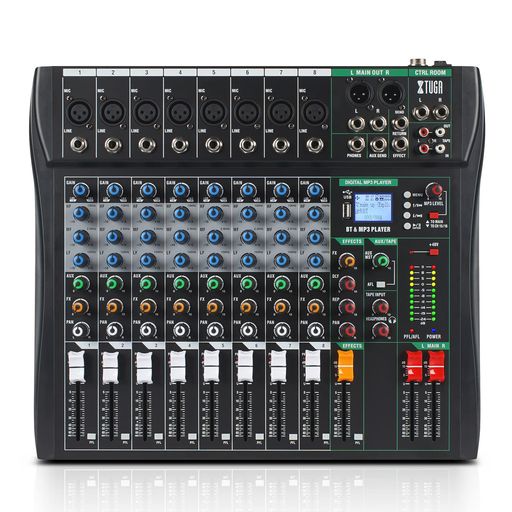 [8チャンネル音声ミキサー]:XTUGACT808チャンネルオーディオミキサーは8つの入力チャンネルを備えており、マイク+ライン入力に対応しております。全チャンネルでXLR端子とアンバランス1/4インチプラグに対応し、各種コンデンサーマイク用の+48Vファンタム電源を内蔵しております。 [3バンドEQコントロール]:このデジタルミキサー音楽の各チャンネルには3バンドEQが搭載されており、高域、中域、低域の周波数を簡単に調整いただけます。ステージパフォーマンス、屋外イベント、結婚式など、多様なシーンに適しております。 [PFL/AFL&amp;リアルタイムモニタリング]:このミキサー音楽はPFL/AFLボタンが搭載されており、PFL/AFLボタンを押すことで、他のソースからの干渉を受けずに個々のチャンネルの音量や効果を確認・調整いただけます。また、オーディオミキサーには3.5mmヘッドホンジャックが搭載されており、録音に適しており、録音した音を即座にお聴きいただけます。