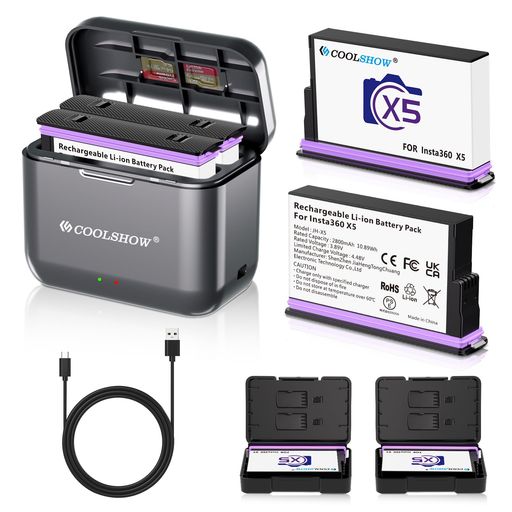 COOLSHOWInsta360X5バッテリー2800mAh2個セット電池保護ケースメモリーカード収納設計と高速インスタ360X5充電器付きバッテリ収納ボックスデザインコンパクトで持ち運びやすいインスタ360