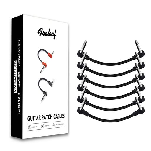 Freleafフラットギターパッチケーブル-ノイズフリー・省スペース設計、1/4”TS直角型エフェクター用ケーブル、6インチ4本セット、ブラック