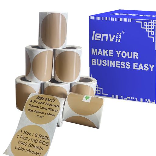 LENVII50mmx50mmブラウン丸型感熱ラベルステッカー1040枚-8ロールx130枚、4防仕様(耐引き裂き/防水/耐..
