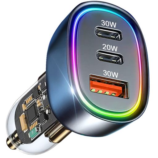 【80W 3ポート】IDOLCO 車 充電器 シガーソケット USB C 急速充電器【PD30W/20W+QC30W】3台同時に充電 虹色LED付き カーチャージャー タイプC 車載充電器 IPHONE16/IPAD/ANDROID 各種対応