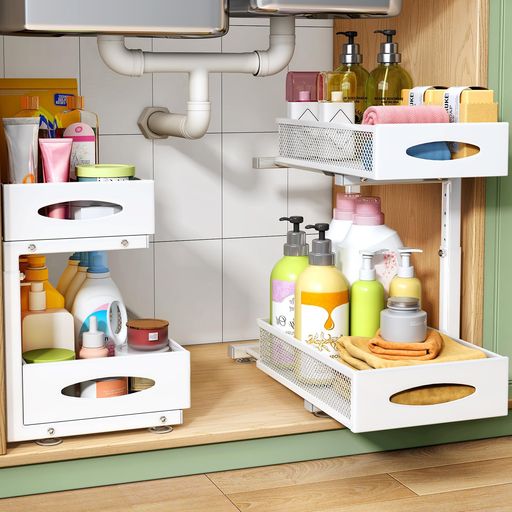 Cupboard - SIUSAシンク下収納スライド洗面所収納2段引き出し式シンク下収納ラック2個セットキッチン収納幅20cm洗面台下調味料収納小物整理金属製高さ調節可能大容量組立簡単キッチン/トイレ/ベッ…