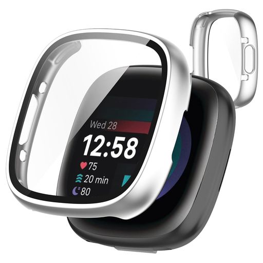 TOORQR FOR FITBIT SENSE 2/VERSA 4 ケース FITBIT SENSE 2/VERSA 4 カバー PC素材 カバー ガラスフィルム一体型 全面保護 耐衝撃 軽量 指紋防止 傷防止 キズ防止 防塵 日本旭硝子材 - シルバー