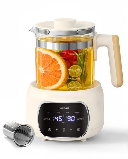 【1.3L大容量電気ケトル|多彩な調理に対応】FeeKaa電気ケトルは1.3Lの大容量、1°C単位の温度調節と5分刻みの時間設定が可能です。甘酒や味噌汁、ヨーグルト、サラダチキンなど、多彩な調理ニーズに対応します。ガラスケトルは透明なので、水量が一目瞭然です。電気ポット小型ながらも実用的な機能が持ちます。電気ケトル温度調節機能により、紅茶ポットやコーヒーポットとしても活用可能です。多機能の電気ケトル保温機能付きで72時間も保温でき、調乳ポットや白湯ケトル、麦茶ポットなどとして使えるので、お父さんにコーヒーやお茶を入れたり、赤ちゃんに調乳したり、お母さんに白湯を沸かしたりすることは、この一台で完結します。 【NTC温度センサー|スマートメモリー機能】NTC温度センサーを搭載した電子ケトルで、設定温度をプラスマイナス1°Cの忠実に沸き上がり、保温します。紅茶ポットやコーヒーポットとして使う際も、美味しく抽出するお湯の温度をワンボタンで設定できます。本温度調節電気ケトルにはSMARTメモリー機能が搭載されています。前回使用時の設定温度と時間が記憶されるため、同じ設定で使用できます。