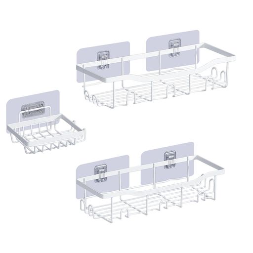 DJLEE浴室用ラック洗面所収納お風呂ラックお風呂ラックシャワーラック3点セット石鹸皿の収納シャワーラックバスルームバスケット浴室収納ラック強力粘フック付き穴開け不要洗面台洗面…