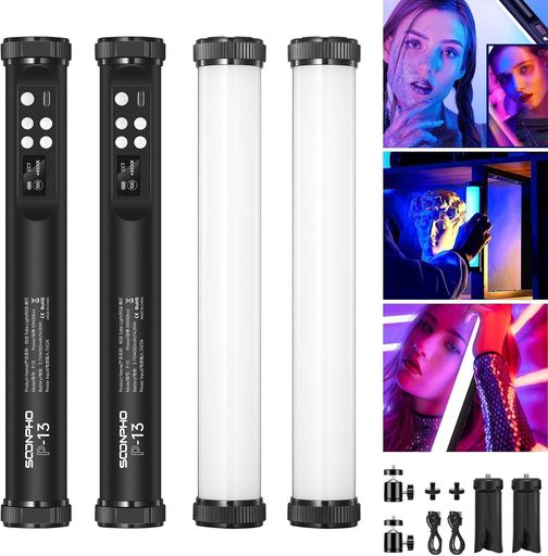 SOONPHOP13撮影用スティックライトRGBビデオライトLEDチューブライトフルカラー2500-8500K色温度FXモード記憶機能4000mAh充電式マグネット搭載卓上スタンド日本語説明書付き【2本セット/29CM】