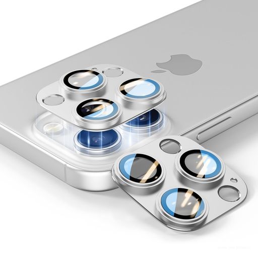 [2枚セット]iPhone14/15/16Pro&ProMax対応カメラレンズプロテクター、ステップ強化ガラス金属合金フレーム採用、iPhone16Proカメラレンズ保護、高透過率クリアな写真撮影-シルバー(2)