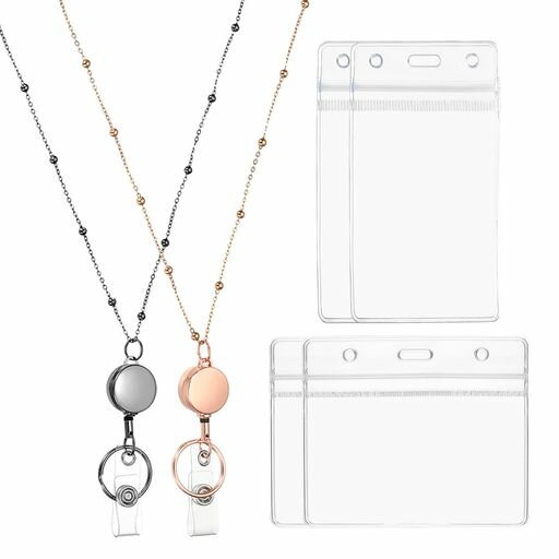 PATIKILバッジネックレスストラップIDホルダー付き2個304ステンレススチール引き込み式ラウンドバッジ..