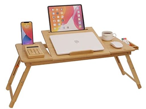 OIWAI ノートパソコンデスク ベッドテーブル 折りたたみ 木製 PCスタンド タブレットスタンド ラップデスク ローテーブル 高さ調整 角度調整 タブレット スマホ 置き 引き出し付き 竹製 (73*35CM)