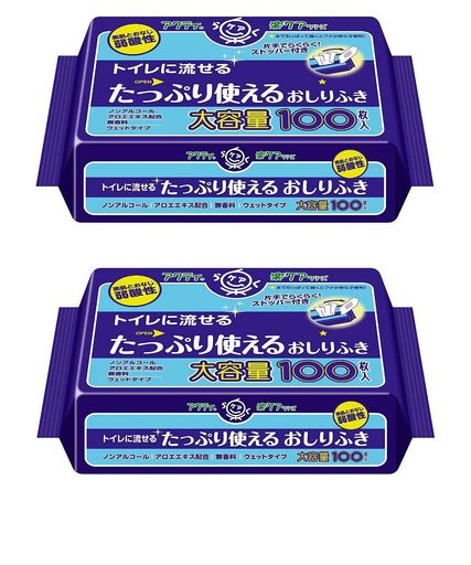 【まとめ買い】アクティ トイレに流せる たっぷり使えるおしりふき 20×15CM 100枚 (片手でらくらく取出し口ストッパー) × 2個