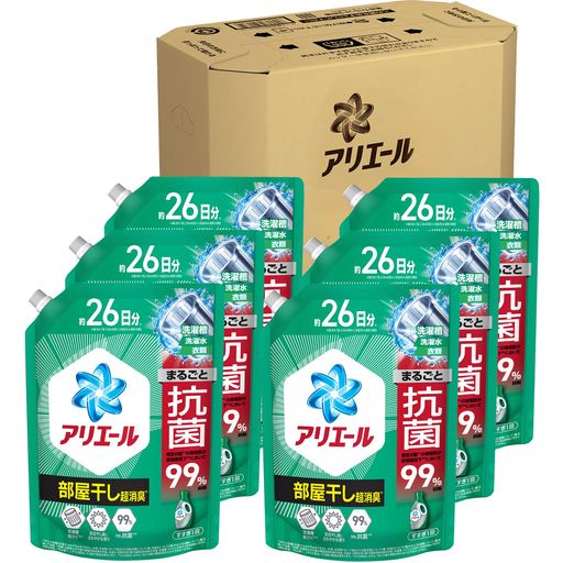 洗濯機洗い 消臭 99%抗菌+防カビ。衣類・洗濯水・洗濯槽防カビ 洗濯洗剤 *99%の菌種を抗菌するわけではありません。衣類・洗濯槽において検出される菌(衣類について2種、洗濯水について4種)やカビ(洗濯槽について1種)を用いて試験。カビは除去しません。 部屋干し&amp;スポーツ漂白剤レベル消臭* *当社液体洗剤と25年5月時点の酸素系液体漂白剤の併用での比較(P&amp;G調べ)。ニオイの度合いにより、消臭の程度は異なります。漂白剤は洗濯機直投入の条件でテスト。 部屋干しぎゅうぎゅうでも消臭* スポーツ着用中の汗臭も消臭* *P&amp;G調べ。ニオイの度合いで消臭の程度は異なります。 天日干し級にさわやかな香り エコならアリエール超抗菌プレミアム eco 再生可能電力を一部使用した工場で生産されています* *パッケージを除く 長持ち濃縮タイプ 液体洗剤 すすぎ1回OK!タテ・ドラム式対応。自動投入洗濯機にも。