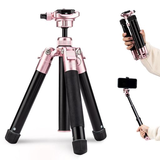 Fotopro152CMミニ三脚軽量コンパクトトラベル三脚360度ボールヘッド電話マウント着脱式自撮り棒カメラフォン三脚最大荷重4KGFree-1桜色