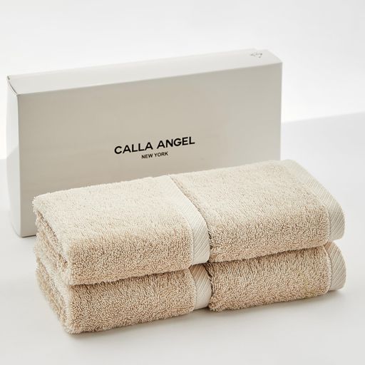 CALLAANGELNEWYORK【エジプト超長綿GIZA86100%】高級ハンドタオル4枚組高吸水柔らかい甘撚り無地上質コットンOEKO-TEX認証ホテル仕様ギフト白箱入り〔約35x35CM〕ベージュ