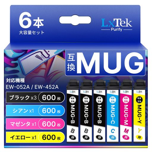 LxTekPurifyMUG-4CLマグカップインクエプソン(Epson)対応互換インクカートリッジMUG4色パック+MUG-BKブラック2本(合計6本セット)EW-052AEW-452Aプリンターインク452A