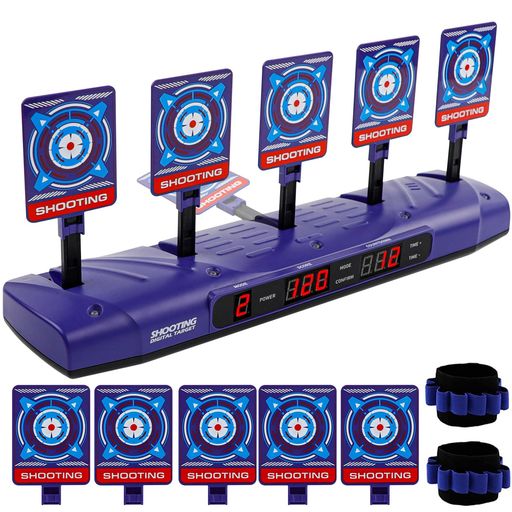 🔫【自動起き上がり&amp;自動採点】 ➤電子ターゲットは五つのターゲットを倒せると、自動起き上がり機能があるので、毎回手動でターゲットを恢復必要がなく、前後の動きを軽減し射撃に集中できます! ➤3つのデジタルスクリーンが搭載されて、スコアや残り時間はスクリーンに表示されて見やすくなので、プレーヤーが自分で点数をカウントする必要がなく、全力でゲームに集中できます。 🔫【多種ゲームモード&amp;リアルな効果音】 ➤シングルモード、マルチモード、対戦モードを選択可能、一人でも、ゲームモードを選ぶことができ、好きなように遊べます。友達、クラスメート、家族などと一緒に多人数の場合でも遊びでき、楽しい雰囲気を作り出し全員も楽々日を過ごしましょう! ➤シューティングする時にターゲットを倒すと、模擬的な銃声と割れたガラスの音が鳴ります。対戦の臨場感、緊張な雰囲気が溢れ出します、大人のプレーヤーも子供のプレーヤーもワクワクします。 🔫【移動、静止2つモード】 ➤静止モードに加えて、モバイルモードもあり、モバイルモードで電子ターゲット本体がトラックで左右移動できます。高速とか低速とかを選びできます。