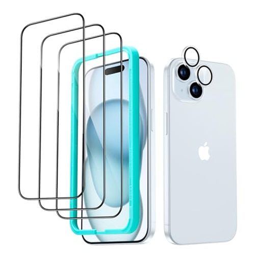 ESR FOR IPHONE15 保護フィルムセット強化ガラス保護フィルム 3 枚 独立型レンズフィルム 1セット 2.5Dカーブエッジ フルカバー 米軍MIL規格の保護 傷に強い