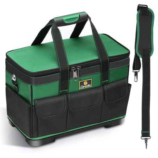 DRADO ツールバッグ 工具バッグ 工具袋 道具袋 工具差し入れ 工具収納 大口収納 肩掛けベルト付き ツール収納バッグ 1680Dオックスフォード 特化プラスチック底部 撥水処理 (ダークグリーン)