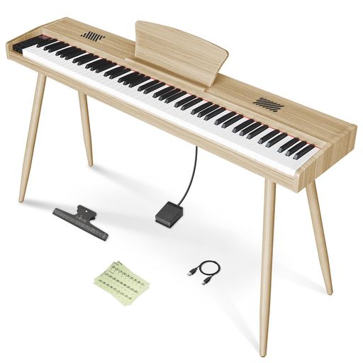 【Longeyeの最新作、MOODシリーズ木製電子ピアノが登場】家具調MOOD電子ピアノは木製一体型スタンドを特徴とし、美しいデザインと優れた音楽性を融合させました。部屋のインテリアと一体化し、お部屋に絶妙なアクセントを加えます。 バランスのよいセミウェイト鍵盤が搭載され、バランスの取れたものはかなり優秀!さらに、10Wスピーカーユニットが2つ内蔵され、木製の本体によってより豊かな、リアルな鍵盤音を出力できます。これにより、より良い練習とパフォーマンス体験が得られます。【MIDI機能対応】MIDI機能にも対応しており、iPadやiPhoneなどのiOS搭載デバイスとの連動が可能で、たくさんのピアノアプリが楽しめます。 鍵盤を弾く強さによる音の強弱を表現できる指力感知機能も搭載しており、入門モデルでもグランドピアノに近い弾き心地を実現しています。【機能たっぷり】移調機能、自動伴奏機能、テンポ調節、メトロノームなどのいろんな機能が対応可能で、更に380種類音色、128種類リズム、80デモ曲を内蔵しています。