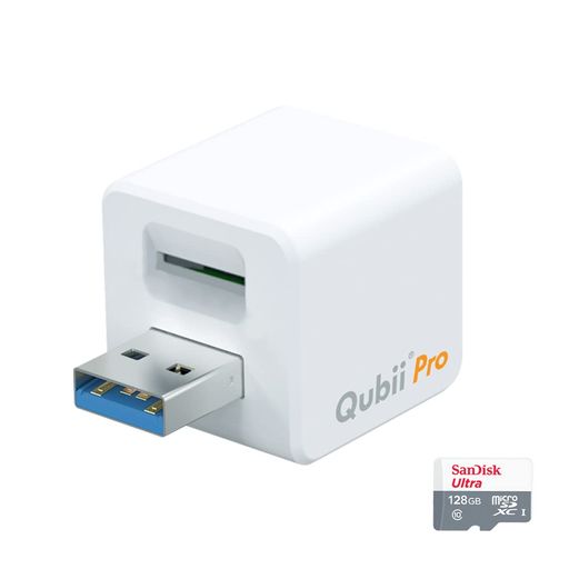 MAKTAR QUBII PRO ホワイト (MICROSD 128GB付) 充電しながら自動バックアップ IPHONE USBメモリ IPAD 容量不足解消 写真 動画 音楽 連絡先 SNS データ 移行 SDカードリーダー 機種変更 MFI認証