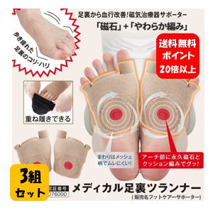 商品名 メディカル足裏ツランナー＜管理医療機器＞ 販売名 フットケアーサポーター 商品説明 管理医療機器の足裏サポーター。足裏のコリをほぐしながらラクラク歩ける。土踏まずのポイントにクッション編みと磁石を配置。クッション編みの柔らかさで磁石が土踏まずにグッと。また歩行中、磁石に違和感を感じさせません。クッション編み周りはメッシュ編みなので蒸れにくい。指先は中足関節部分に着圧ラインを配置。横アーチを補整するので、らくらく歩行をサポートします。外反母趾対策にも！生地は爽快綿混なので気持ちいい。 内容量 左右1組 個装サイズ 重量 13×15×1(cm)/22g 適応サイズ 足の甲回り 20～26cm 材質 綿、ナイロン、ポリエステル、ポリウレタン ご使用方法 ※ご使用の前に別紙の添付文書を必ずお読みください。 1本品を装着する際は、座る等安定した状態で履いてください。 2裏表、左右を確認ください。赤の磁石部分が土踏まずの肌面になるように着用します。親指部分、小指部分を確認する事で左右がわかります。 3無理に強く引っ張らない様に履き込んでください。履いた後は手で指部分、足の甲部分を馴染ませてください。 4使い初めは短時間の着用から開始して徐々に着用時間を延ばすようにしてください。 ※本品を就寝中の使用はお止めください。 5靴下を重ね履きする事ができます。 使用上のご注意 ・着用部にかぶれ、しっしんがある方はご使用をお控えください。 ・使用感には個人差があります。 ・ご自分のサイズに合わない場合、使用しないでください。 ・無理に本製品を伸ばしたり、爪や鋭利なものでひっかくと破損の原因になりますので、ご注意ください。 ・濡れた状態で着用すると摩擦等で他のものに色移りする場合があります。 効果効能 管理医療機器認証番号：224AIBZX00076000 永久磁石　磁束速度100±20mT 効果：装着部位のコリ及び血行の改善 JANコード 4580372173787 販売者 株式会社ホットクラス 製造国 日本 広告文責 ハッピーライフ TEL：06-6934-1772 商品区分 管理医療機器こちらの商品はメール便（ネコポス）配送のみとなります メール便（ネコポス）でのご注文に関しては 【日付指定】・【時間指定】は出来ませんのでご注意をお願いします。