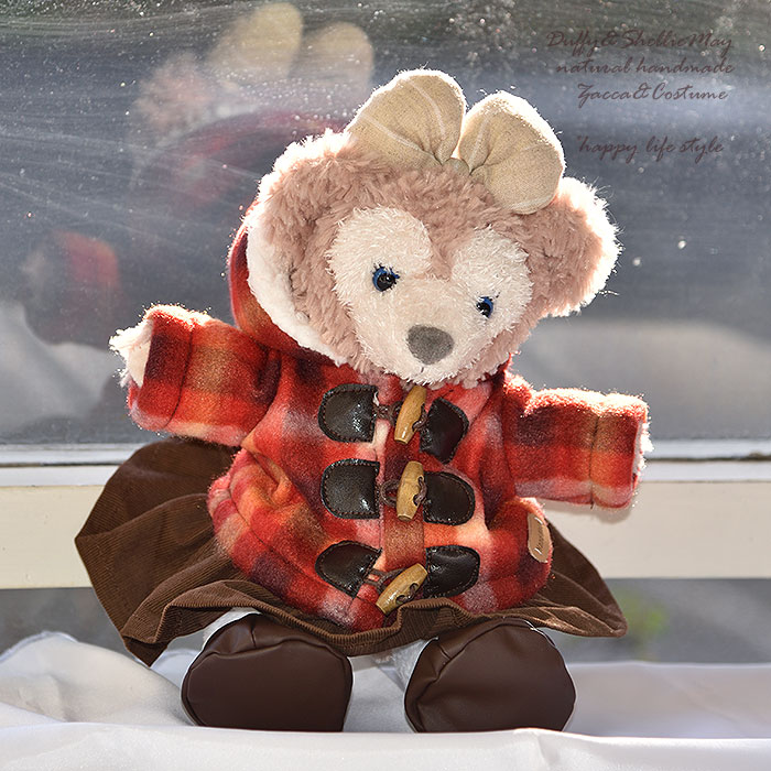 ハンドパペット用ダッフィーシェリーメイコスチューム 赤チェックダッフルコート&スカート・coat31-hp^〉