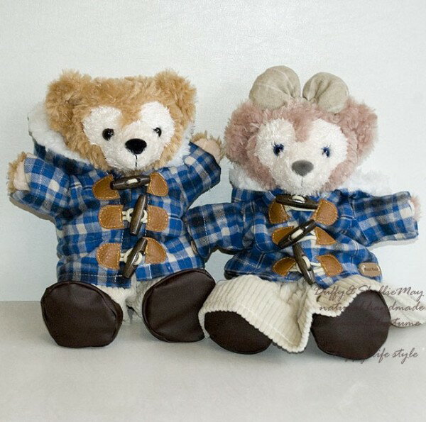 ハンドパペット用ダッフィー*シェリーメイコスチューム★ブルーチェックダッフルコート&ボトムス・お靴セット・coat8-hp【洋服】^〉