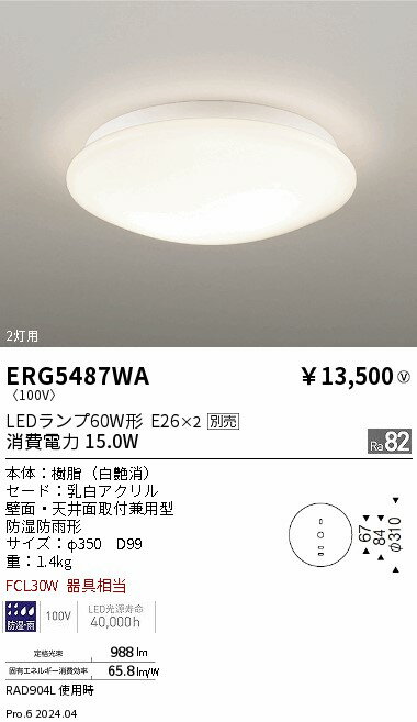 ERG5487WA ENDO照明 遠藤照明 【メーカー直送】 アウトドアシーリング／Φ350／白／...
