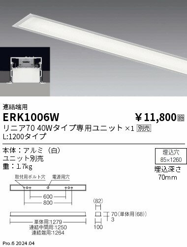 ERK1006W ENDO照明 遠藤照明 【メーカー直送】 リニア70　スリット埋込　L1200タイ...