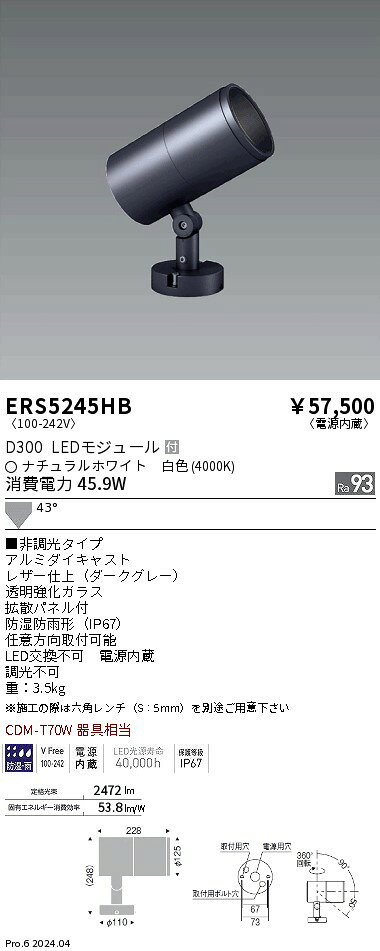 ERS5245HB ENDO照明 遠藤照明 【メーカー直送】 COB屋外SP　D300　広角　4000K　Ra93