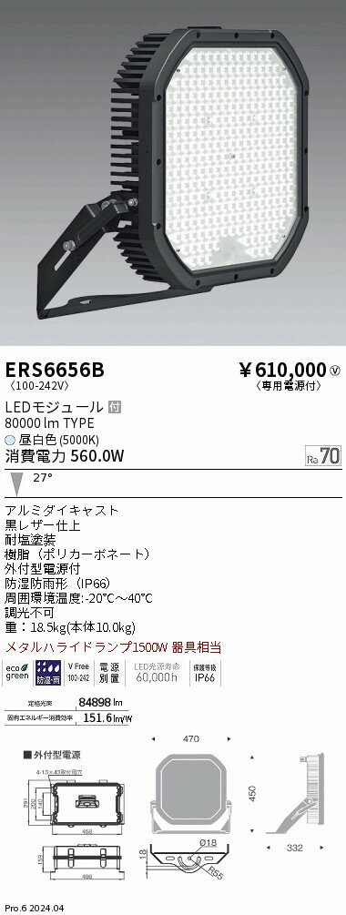 ERS6656B ENDO照明 遠藤照明 【メーカー直送】 フラッドライト＿80000Lm＿中角配光...