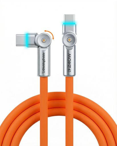 chubbycable USB C ケーブル L字 1m 両端 180度回転 240W 高速充電 Type Cケーブル タイプc LEDライト付き ソフトシリコン製 極厚 耐久性 充電コード, (オレンジ)