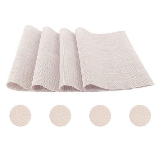 【製品詳細】セット内容:ランチョンマット(45cmx30cm)x4枚、コースター(直径10cm)x4枚。材質:70%PVC と30%ポリエステル。 【安全&amp;断熱&amp;滑り止め】環境優しいPVC素材を採用して、無毒、安全で色褪せにくい。耐熱温度は80°Cに達して、テーブルを傷付けなくしっかり保護できます。滑り止め機能を備えずれにくいです。 【お手入れ簡単】PVC製なので、汚れたらサッと拭き取りできます。繰り返し使えて、洗ってもほつれず丈夫です。布の生地に比べ、PVCの方がかびが生えていない、油がつかない、お手入れ簡単です。いつも新しいように見えます。 【シンプルなデザイン】シンプルなデザインと高級感が溢れるのカラーコンビネーションは北欧スタイルの特徴です。ご生活にエレガントでさわやかな感覚をもたらします。ランチョンマットは食卓だけでなく、花瓶や灰皿の下に置くこともできます。 【収納便利】優れた柔軟性、2つ折りや丸めて収納できます。使用していないときに保管用に折り畳まれて巻き取り、使用中に平らになることができます。場所をとらないのでし収納便利です。アウトドアなどで持ち運びたい方にもおすすめです。