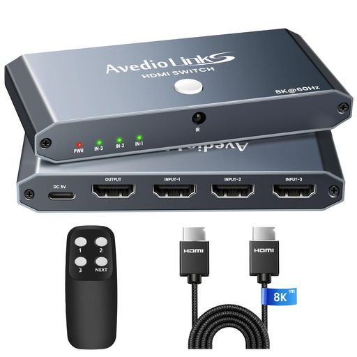 【HDMI2.1 切替器 3入力1出力】3つのHDMI入力デバイスを1つのモニターやTVにシームレスに接続できる切替器です。PS5・Blu-rayプレーヤー・PCなど、複数の高解像度機器をお持ちの方に最適。コンパクトなアルミボディで、熱対策も万全です。 【8K@60Hz / 4K@120Hz の超高解像度】最新規格HDMI2.1を採用し、最大48Gbpsの高速転送で8K@60Hz・4K@120Hzの圧倒的な高画質を実現。ゲーミングPCや次世代ゲーム機をそのままの解像度&amp;フレームレートで出力可能。4Kテレビ・8Kモニター・プロジェクターなど幅広いディスプレイに対応し、鮮明で滑らかな映像体験を提供します。 【HDR10+ / VRR / Dolby Atmos / HDCP2.3対応】HDR10+による色彩豊かな映像表現と、VRR(可変リフレッシュレート)でカクつきを抑えた滑らかなゲームプレイを実現。さらにDolby Atmosの立体音響に対応し、映画館のような臨場感あふれるサウンドを楽しめます。