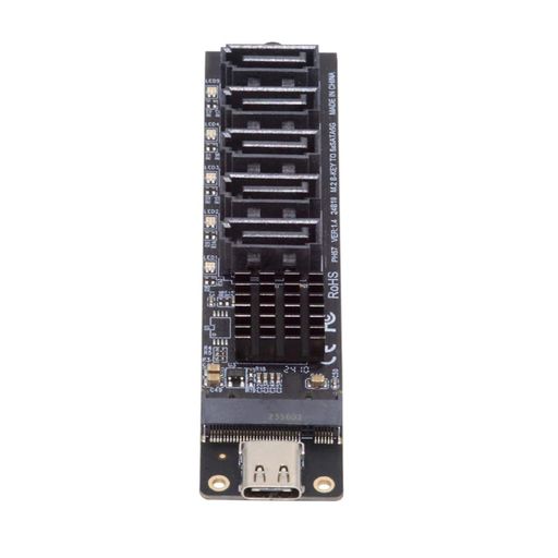 10Gbps USB-C Type-C to NGFF Key B+M SATA 6Gbps 5 Ports Adapter Converter PM Port Multiplier Selector アダプターのデュアルチップセット、JMB575+JMS580。 JMB575はシングルチップソリューションです。5つの独立したSATAチャンネルとマイクロプロセッサーを統合しています。1台のホストに最大5台のドライブを接続できるカスケードモードをサポートします。 JMS580は、USBホストとSATAストレージデバイス間のUSB 3.1 Gen 2 - SATA 6Gb/秒ブリッジコントローラです。USB 3.1 Gen 2インターフェースは、USB 3.1 Gen 1データレートの2倍となる最大10Gbpsのデータ転送速度を提供します。 適切な設定により、チップはType-Cから5ポートSATA 6Gbpsポートとして構成することができます。
