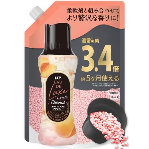 香り付け レノアオードリュクスの香り付けビーズで最高の香り体験* お持ちの柔軟剤と合わせるだけで、より奥行のある贅沢な香りに 「ホワイトムスク&amp;アプリコット」甘さとぬくもりに包まれるご褒美のような香り 柔らかな太陽と優しく輝く木々のもとで過ごす日曜の昼下がり。甘くみずみずしいアプリコットと、優しいホワイトムスクの香りに包まれる。 *当社ビーズ製品内 お洗濯のはじめに入れるだけ! 赤ちゃんの衣類もOK。家族全員対応 - 赤ちゃん用と大人用の両方に使える。