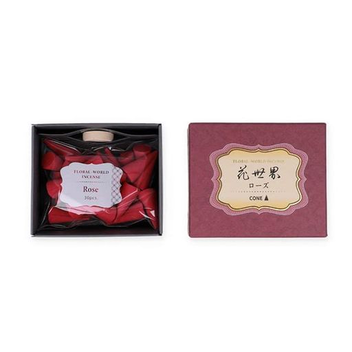 [タイプ]コーン型(燃焼時間:約15分) / 高さ25mm [香り]ローズ(赤色):大輪のバラをイメージした豊かで芳醇な甘さ ※香りの説明はイメージです。 [入り数]コーン型30粒入り・簡易香立て1個