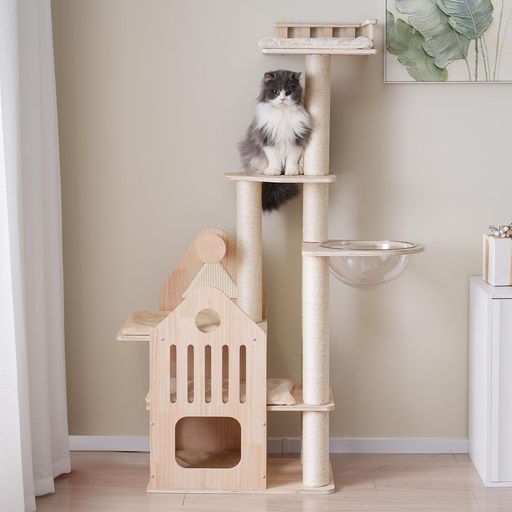クライミング 【多頭飼いに最適】ハウス型隠れ家は、可愛らしいデザインと猫ちゃんの快適性を両立させた理想的なアイテムです。一階四方を囲んだデザインで、猫ちゃんに十分な安全感をもたらしてくれ、正面と両側に通路があります。二階は両側が開放されたデザインで、猫ちゃんに広い活動範囲を提供し、自由に四肢を伸ばすことができます。三階の上には、爪とぎボールと猫スクラッチボードも設置されており、爪の健康を保ちます。各層には、猫が横になって休めるように柔らかいクッションが付いています。 【広い猫ベット】キャットタワー最上階は猫ベットがあり、猫ちゃんの休憩場所としてだけでなく、展望台としても利用できる特別なスペースが提供されています。猫ちゃんが快適に休息できるように、柔らかなクッションが備わっています。 【視野透明な宇宙船】宇宙船は、アクリル素材で作られています。この素材の特長を活かし、夏でも涼しさを提供するだけでなく、清潔感もあり、見た目も抜群です!また、アクリル素材の透明性により、猫たちは船内のあらゆる角度から周囲の景色や環境を楽しむことができ、好奇心を刺激し、興味深い遊び体験を提供します。