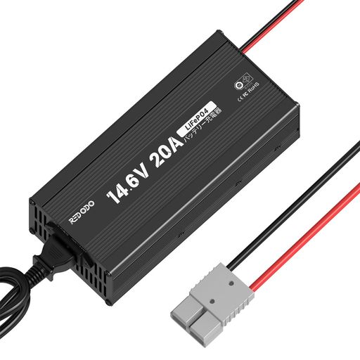 急速20A充電対応: 定格14.6 V 20 A出力で短時間満充電;3段階スマート充電で効率向上;バッテリー寿命延長 0V活性化復帰機能: 過放電でスリープ状態のバッテリーを自動復帰;プリチャージモードで安全活性化;長期間未使用バッテリーも蘇生 多重安全保護搭載: 過充電、過放電、過電流、短絡、逆接続、過熱保護完備;PSE認証取得済で安心使用 Andersonコネクターで接続簡単: 50A Anderson+M8端子付属でワンタッチ接続;バッテリー脱着が楽;繰り返し使用に最適 アルミ筐体軽量設計: アルミ合金筐体で優れた放熱性能;重量わずか1.3 kgで持ち運び簡単;コンパクトサイズで設置負担軽減 LEDインジケーター表示: LEDランプで充電・満充電・故障状態を一目確認;操作簡単で誰でも使いやすい