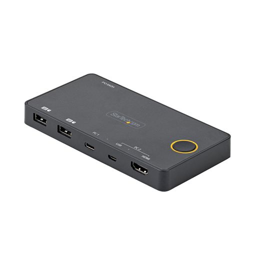 ハイブリッドKVMスイッチ:USB-C(DPオルタネートモード)対応のコンピュータ/タブレットと、HDMI+USB-A対応のデスクトップ/ノートPCの間でワンセットのキーボード、マウス、HDMIモニタを共有。USB-C/TB3デバイスでは1本で映像とデータ両用のUSB-Cケーブルを使用 仕様:ホストPC1:1xUSB-C|ホストPC2:1xHDMI+1xUSB-A|4K60HzUHD|3840x2160|HDMI2.0ビデオ出力|押しボタン切替|バスパワー|OS依存性なし|Thunderbolt3対応 コンパクト設計:USBバスパワーで駆動し、電源アダプタ不要の場所を取らないUSB-CKVMスイッチ。小型軽量で携帯しやすく、モバイル用途やホットデスク環境にも便利 簡単導入:ホストコンピュータ接続用ケーブルが製品に付属(USB-C-USB-C、USB-A-MicroUSB-B&amp;HDMI)。箱から出してすぐに使える2ポートPC切替器。