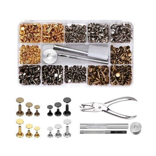 YFFSFDCレザークラフトカシメセット3サイズ4種色リベットスタッズ底鋲打ち具セット丸形6mm8mm12mm穴あ..