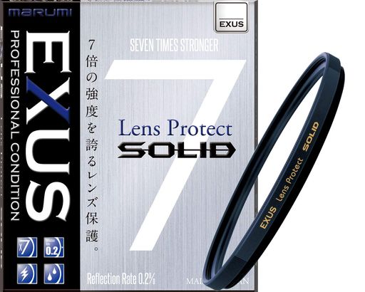 EXUSLensProtectSOLID【エグザスレンズプロテクトソリッド】は従来製品よりも7倍の強度がある強化ガラスを採用し、反射率0.2%を実現した可視光に影響を与えない、無色透明なレンズ保護フィルターです。 フィルター径:77mm 【ピッカーズ硬度Hv700を達成】強化ガラス採用により、従来品の7倍の強度を実現し、大切なレンズを護ります。 【脅威の反射率0.2%を実現】表面反射を極力に抑え、反射率0.2%を実現しました。 【帯電防止コーテイング】静電気による微細なチリ・ホコリが付きにくい帯電防止コーティングを採用。 【撥水・防汚コーティング】水滴や指紋汚れが付きづらい、撥水・防汚コーティング採用。 【仕様】:・薄枠設計・サテン仕上げ・ローレット加工・広角対応・レンズ外周墨入れ加工・レンズキャップ取付け可・レンズフード取付け可・フィルターケース付き・デジタル・フィルム使用可・日本製