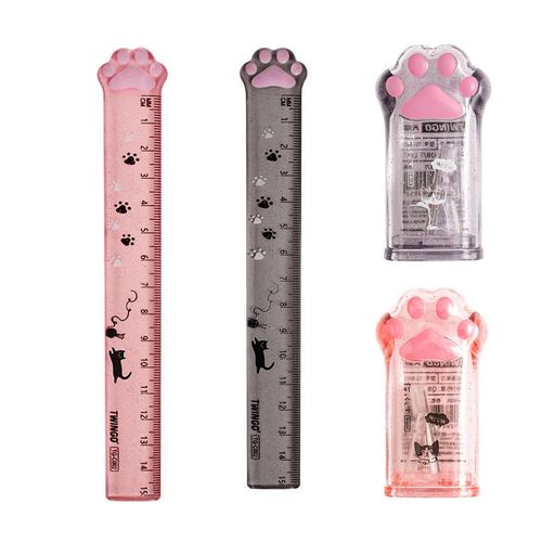 Coollooda定規15cm猫の肉球鉛筆削り【4点セット】かわいいプラスチック学生文房具オフィス測量用品猫の足鉛筆削り手動ミニ携帯カワイイ学用品学生賞キッズギ...