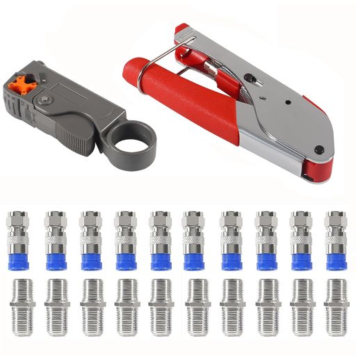 RotaryCableStripper:MadeofHighImpactMaterialWorkwithRG58/59/62/6/3V2V/4C/5C2BladeDesign;FullyAdjustable&amp;ReplaceableBlades CrimpingTool:WorkwithRG-6RG-59RG-58BNCRCAetc.CompatibleforMostCompressionConnectorsPressIonDistance:20.3mmExtrusionClampAdoptsHighStandardCrimpingDie
