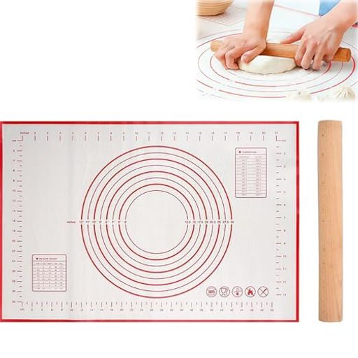 Rolling Pins - VitalBloom麺棒天然木材シリコンマット【2点セット】パン作りめん棒食パン型パン作り道具セット製菓道具ガス抜き機能ステンレス製製菓マットキッチン用品餃子ピザノンスティック