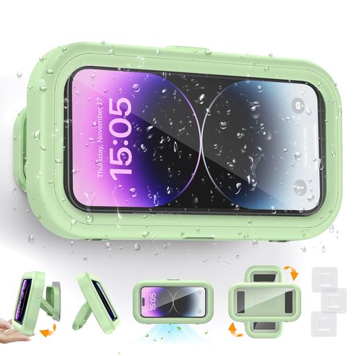 防水シャワー用携帯電話ホルダー、YOOZI バスルーム用壁掛け吸盤式、バスタブやキッチン用360度回転スタンドケース、IPHONE 14 13 12 11 PRO MAX XS XR S22 ULTRA など6.8インチまでの携帯電話に対応。